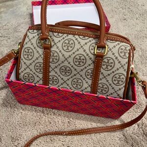 Tory Burch Brown and Tan Satchel with Leather Trim